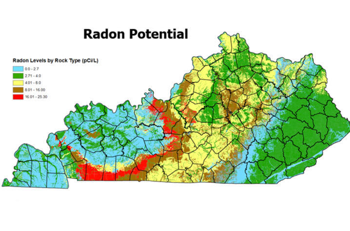 Map of the state of Kentucky with counties outlined displaying the levels of radon potential based on rock types across the state.