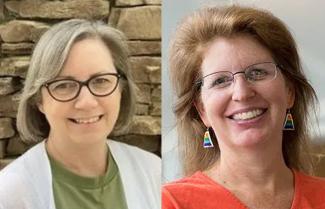 A photo of two women side by side on separate backgrounds. the one on the left is wearing a white cardigan and a green shirt she has short gray hair and glasses. The Woman on the right has long auburn hair and a coral colored shirt on with glasses. Both are smiling