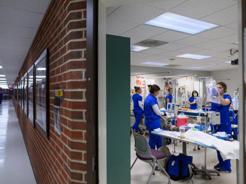 Nursing students in a simulation lab. 