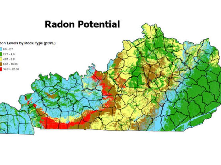 Map of the state of Kentucky with counties outlined displaying the levels of radon potential based on rock types across the state.