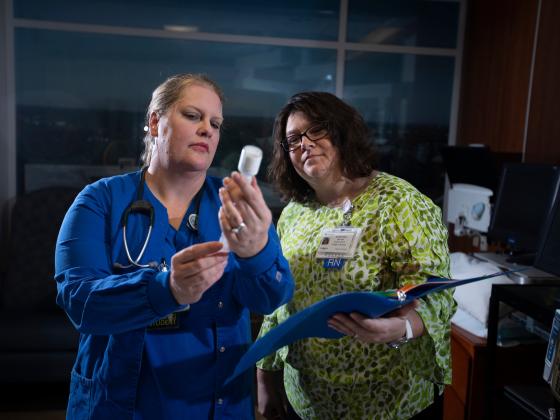 Jennifer Dent photographed with Shannon Beebe in the clinical simulation and learning lab 